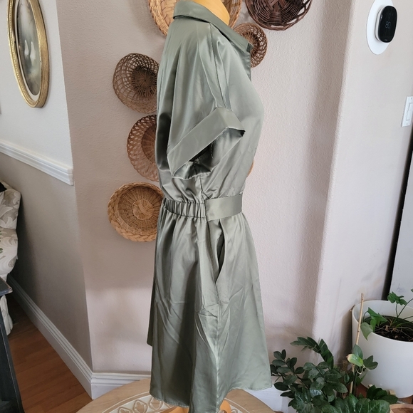 French Connection Elegant Olive Green Shirt Dress Sz L - Picture 3 of 6